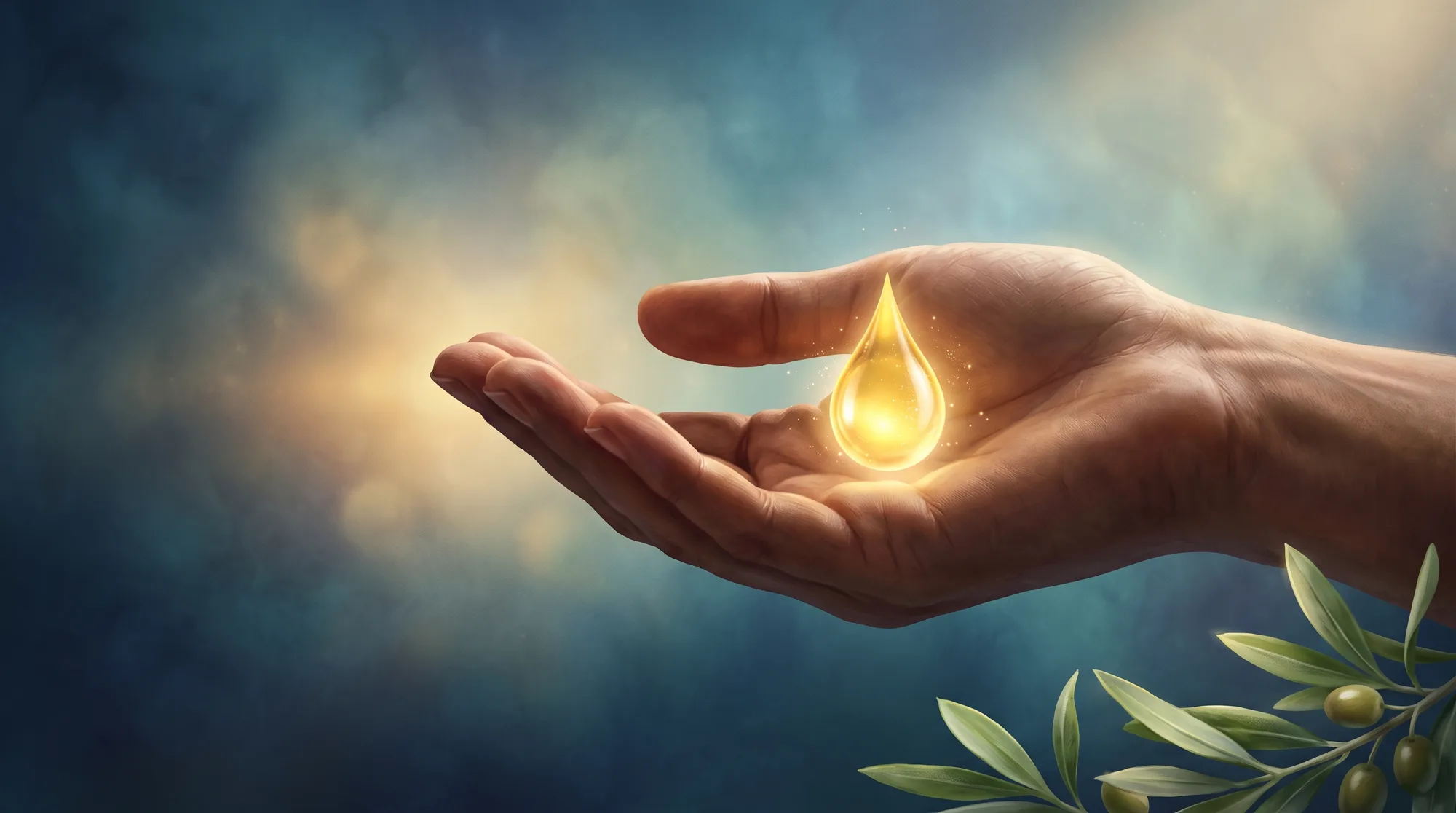 An open hand cradling a glowing golden drop of anointing oil, with an olive branch in a misty blue-and-gold light