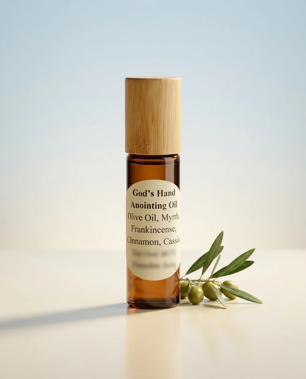 God's Hand Anointing Oil — 10ml amber glass roller bottle with a bamboo cap, on a soft studio backdrop with an olive branch